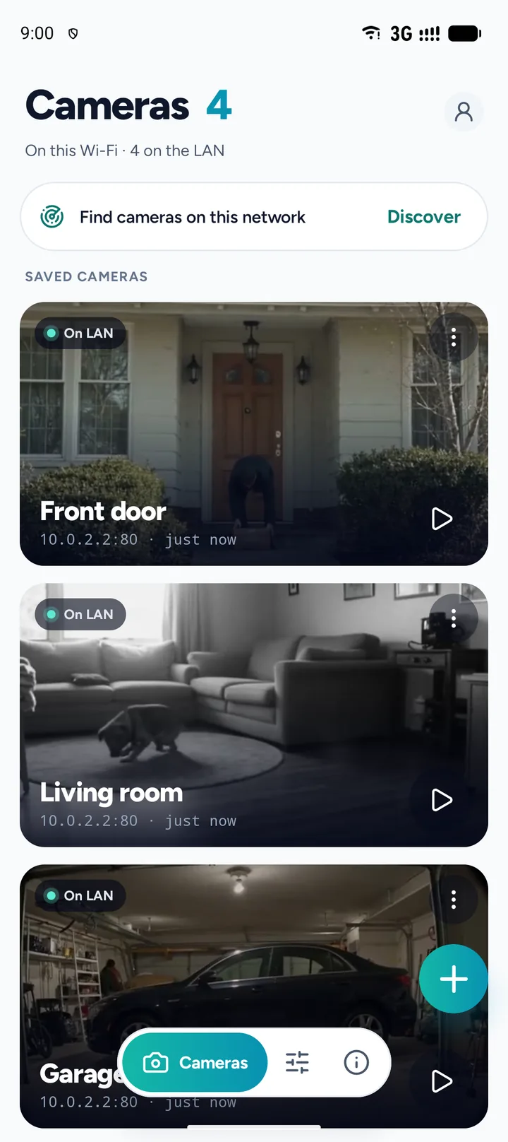 The saved cameras, each with its last picture and whether it is on this network
