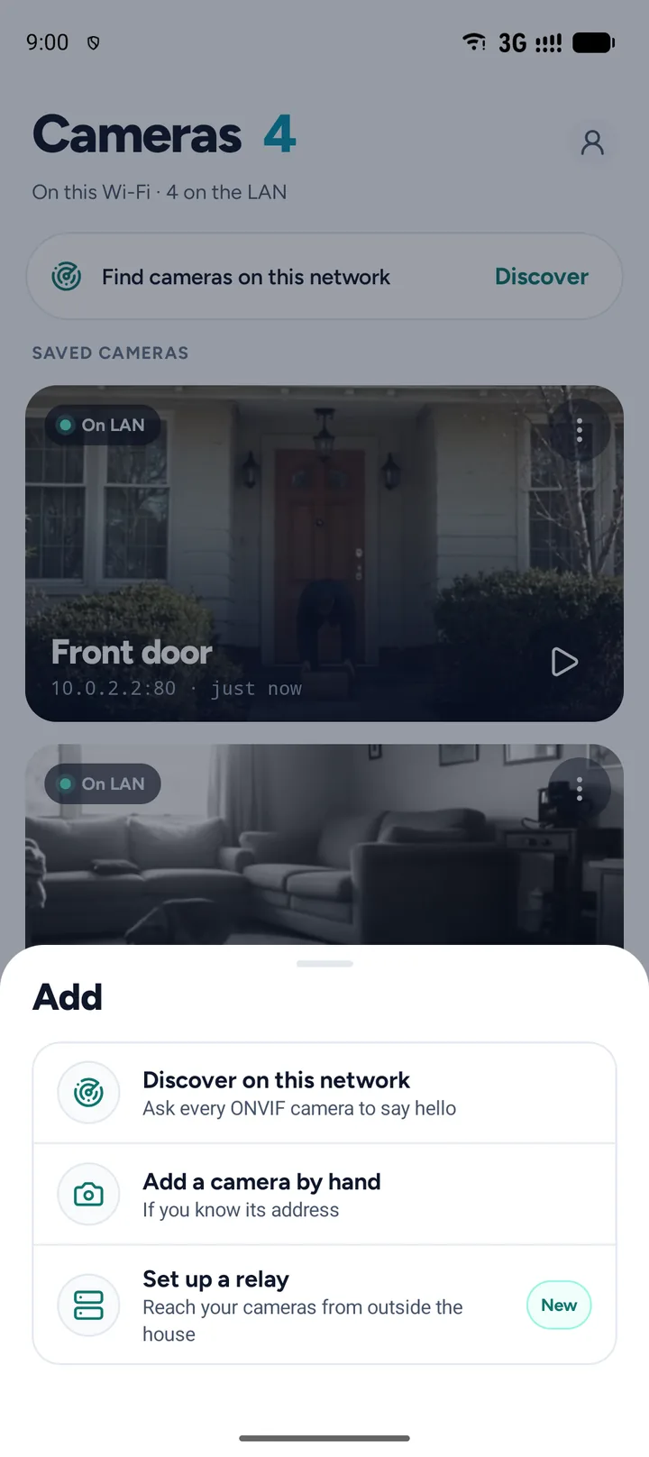 Adding a camera: found on the network, typed in by hand, or through a relay